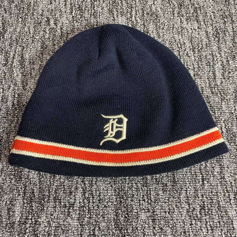 Vintage Detroit Tigers Beanie Mens OSFM Navy Blue Striped Embroidered Winter Hat